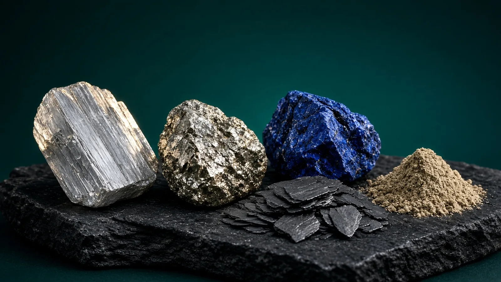 Raw mineral samples and graphite flakes arranged on a dark slate base